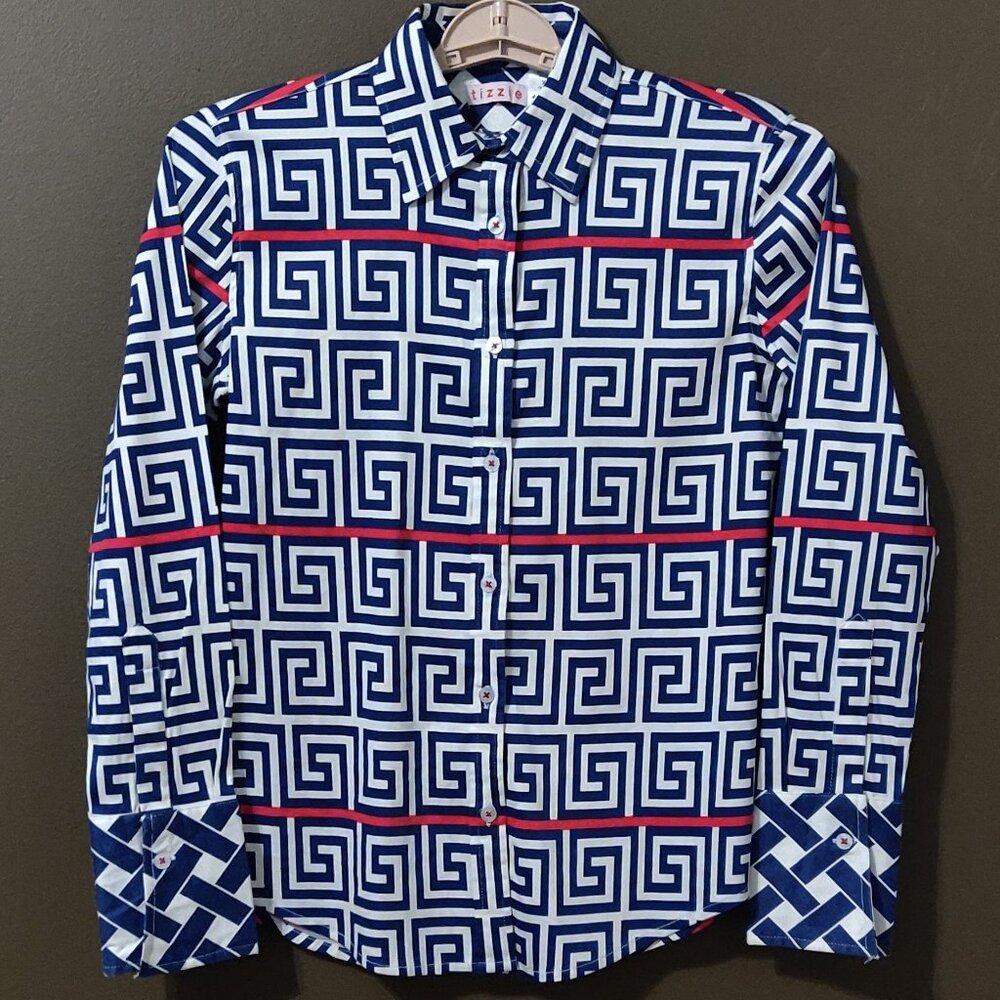 Tizzie Red/White/Blue Geometric Button Down With Contrasting Cuffs SIZE XS